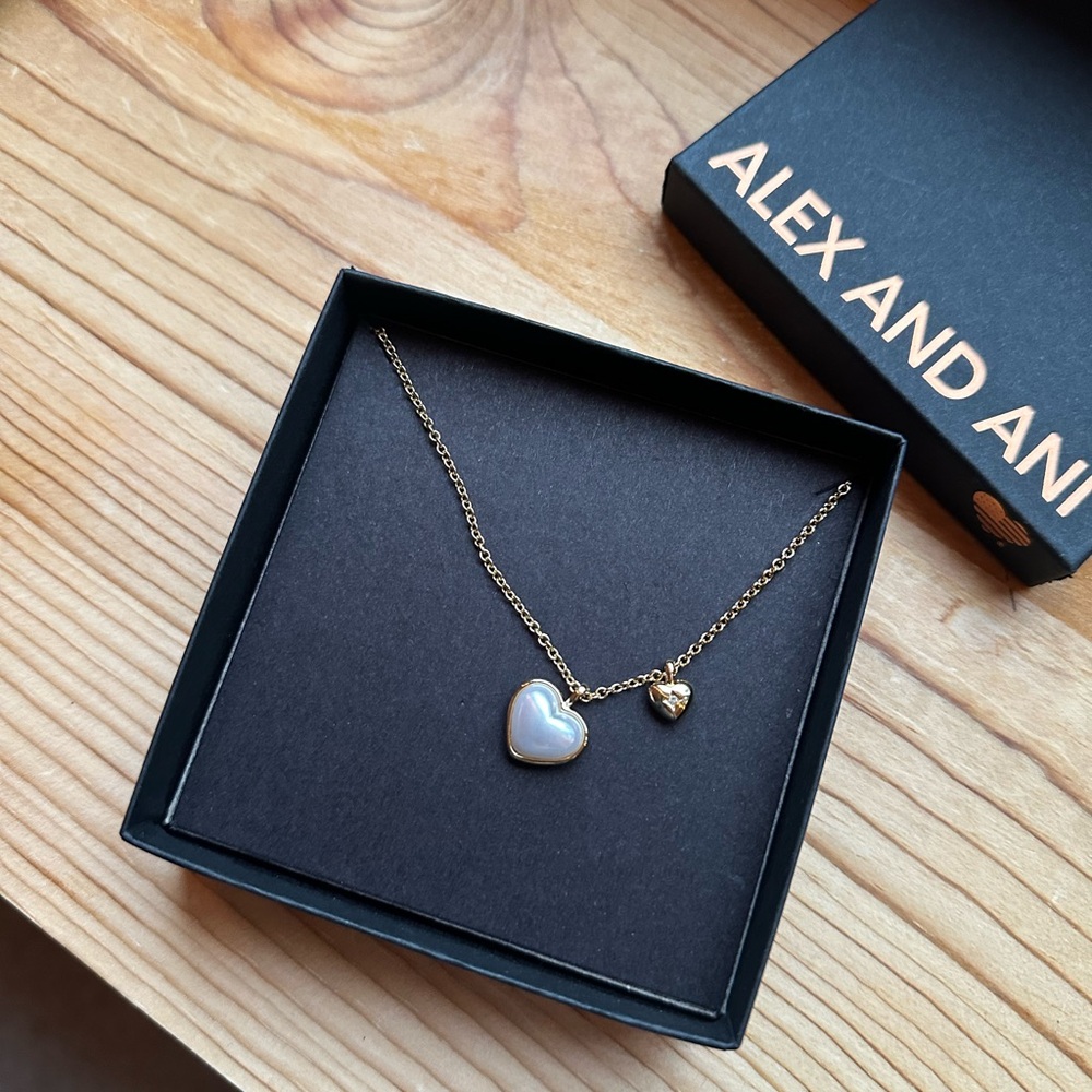 Alex and Ani Gold Pearl Heart Duo Charm Necklace